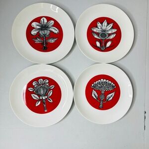 Bidasoa Plates Set of 4 Red Floral Design Ceramic Dinnerware Made in Spain
